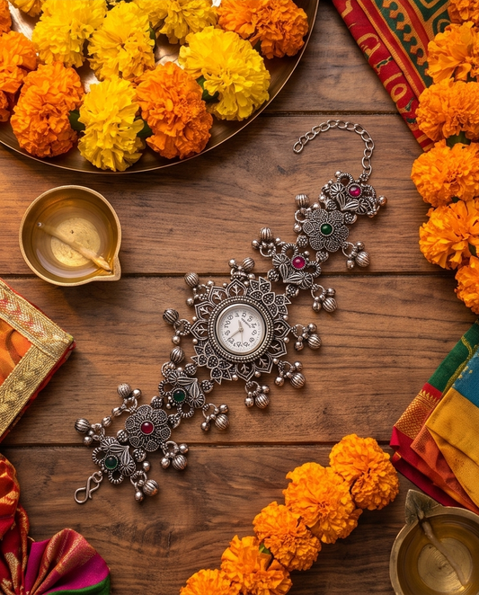Oceania Hub - Kashmiri Heritage Oxidised Silver Bracelet Watch