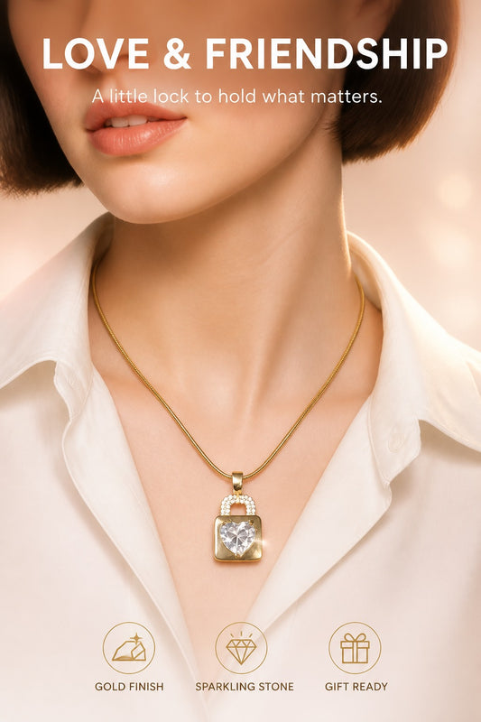 Pink Crystal Heart Lock Pendant Necklace
