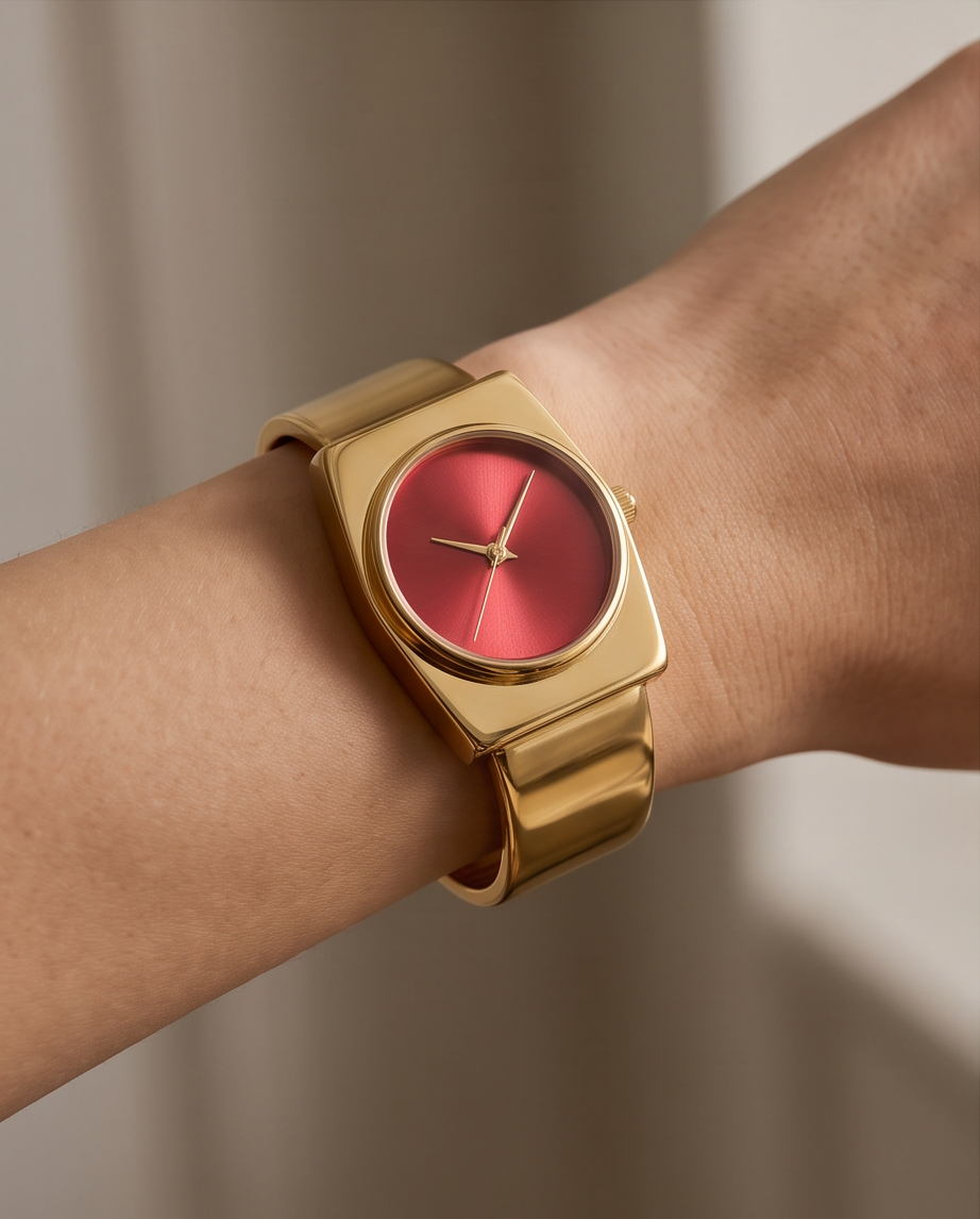 Oceania Hub Women Gold-Tone Cuff Bracelet Watch with Red Dial