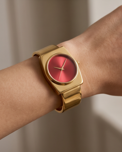 Oceania Hub Women Gold-Tone Cuff Bracelet Watch with Red Dial