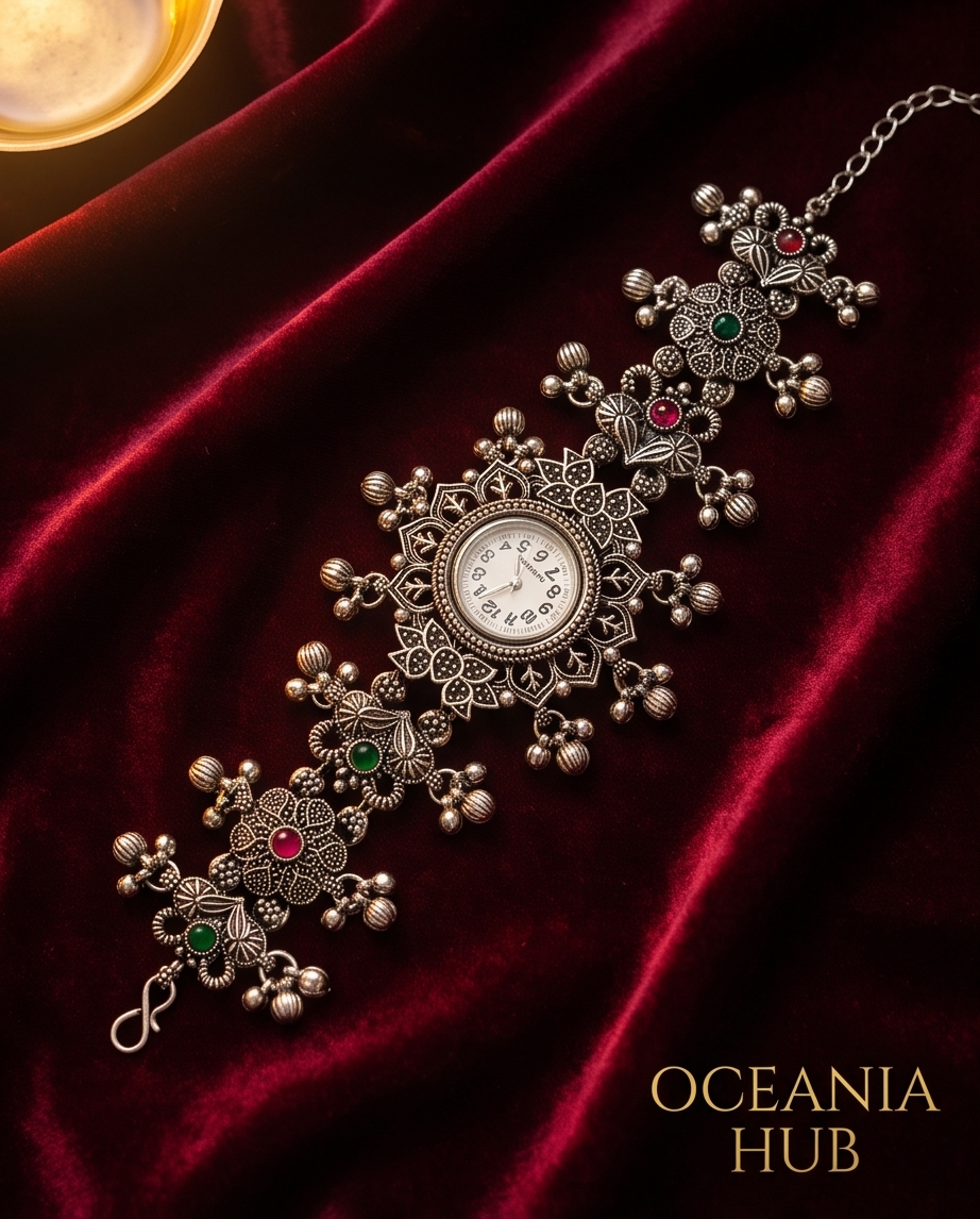 Oceania Hub - Kashmiri Heritage Oxidised Silver Bracelet Watch