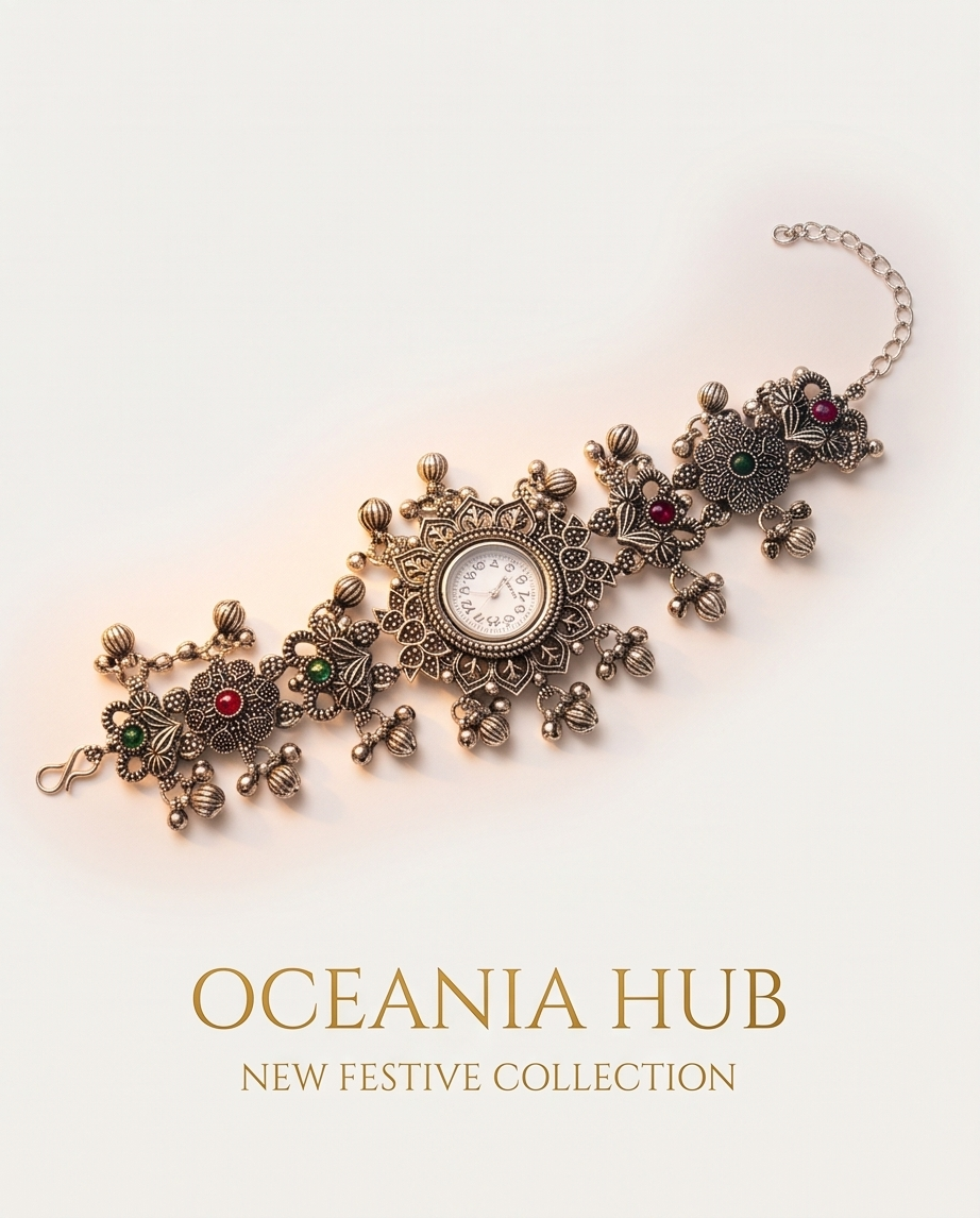 Oceania Hub - Kashmiri Heritage Oxidised Silver Bracelet Watch