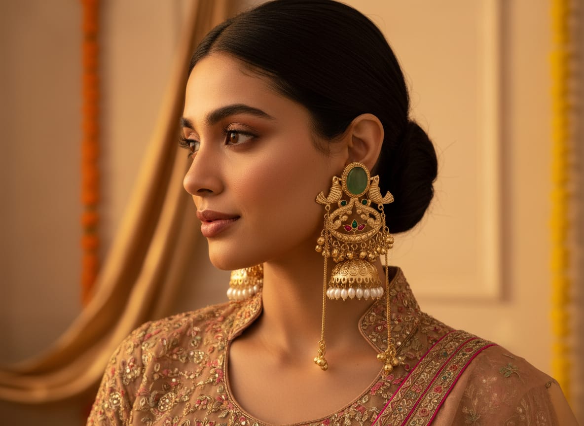 Rajwadi Emerald Peacock Jhumka Earrings