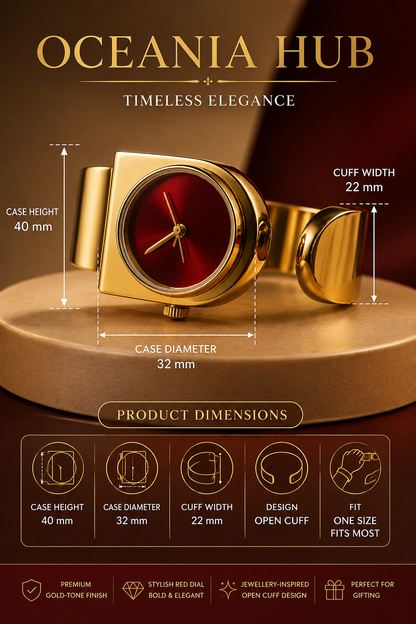 Oceania Hub Women Gold-Tone Cuff Bracelet Watch with Red Dial