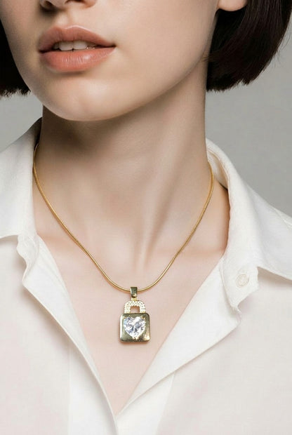 Pink Crystal Heart Lock Pendant Necklace