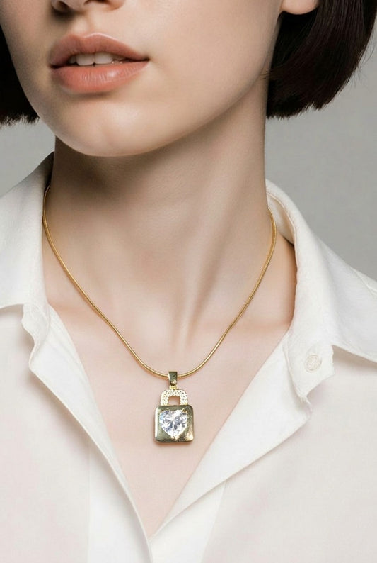 Pink Crystal Heart Lock Pendant Necklace