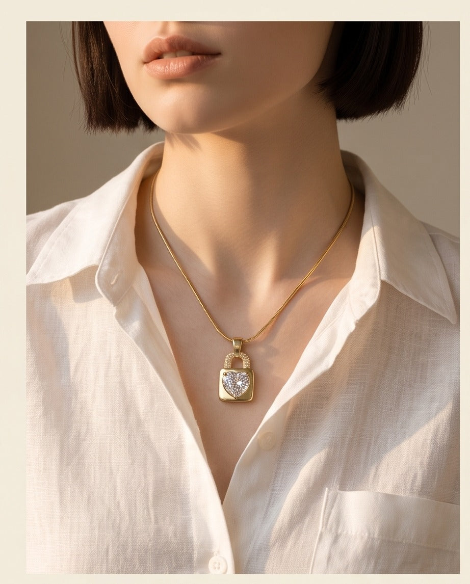 Pink Crystal Heart Lock Pendant Necklace
