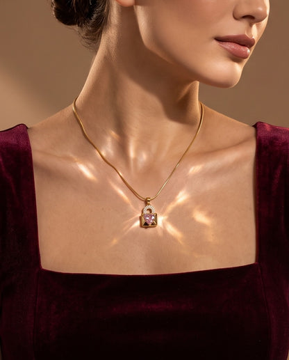 Pink Crystal Heart Lock Pendant Necklace