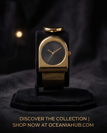 Oceania Hub Women Gold-Tone Cuff Bracelet Watch with Black Dial