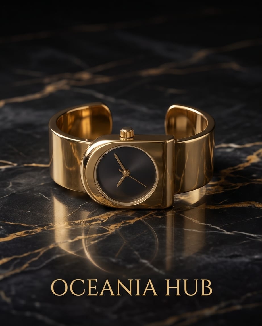 Oceania Hub Women Gold-Tone Cuff Bracelet Watch with Black Dial