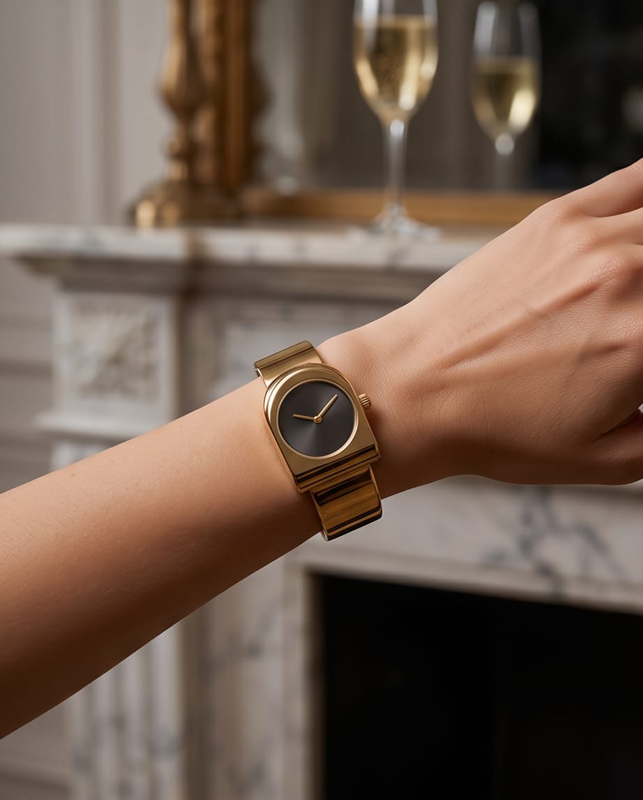 Oceania Hub Women Gold-Tone Cuff Bracelet Watch with Black Dial