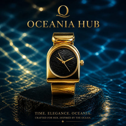 Oceania Hub Women Gold-Tone Cuff Bracelet Watch with Black Dial