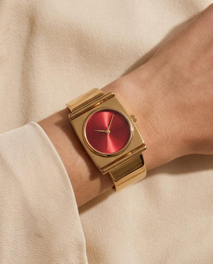 Oceania Hub Women Gold-Tone Cuff Bracelet Watch with Red Dial