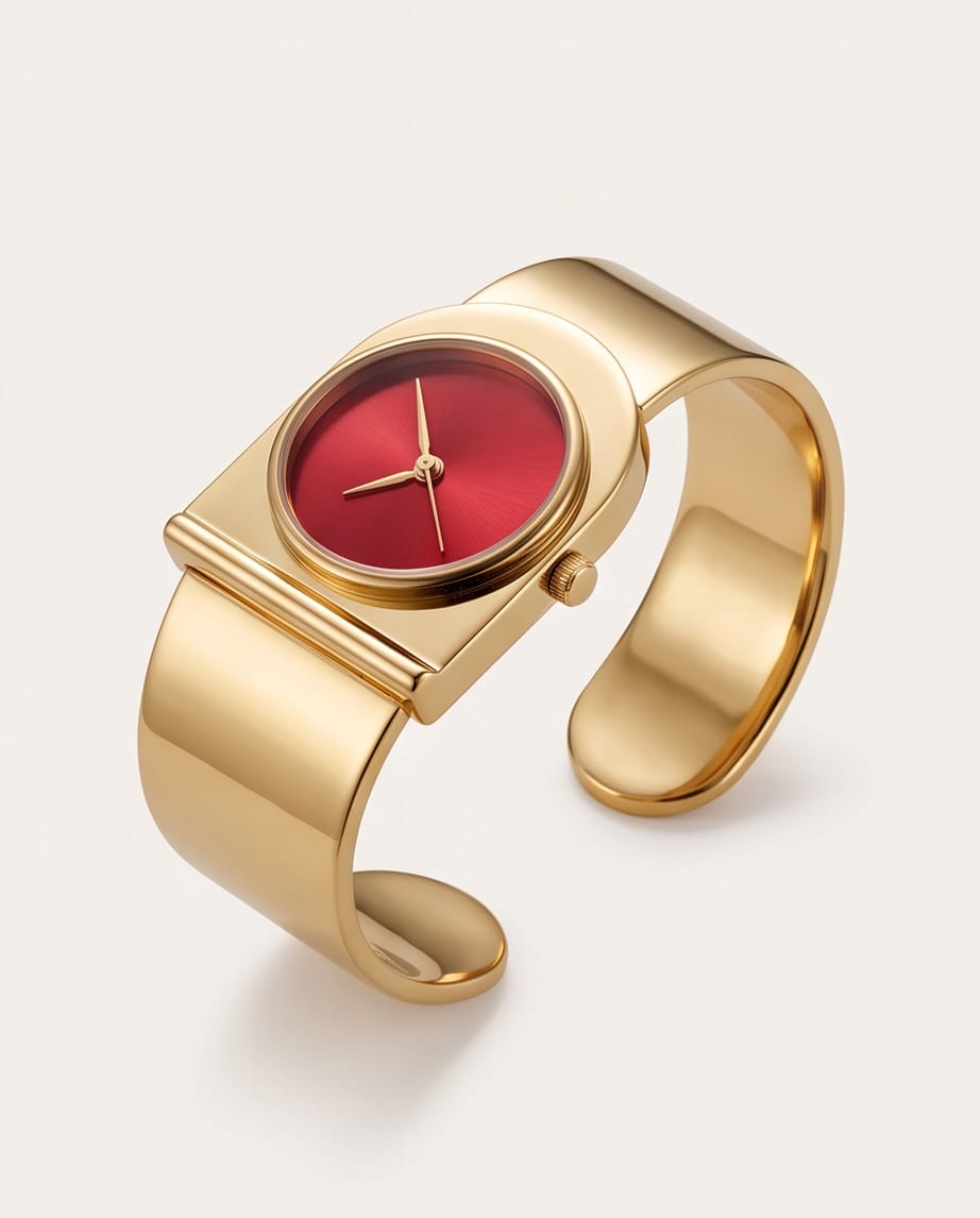 Oceania Hub Women Gold-Tone Cuff Bracelet Watch with Red Dial