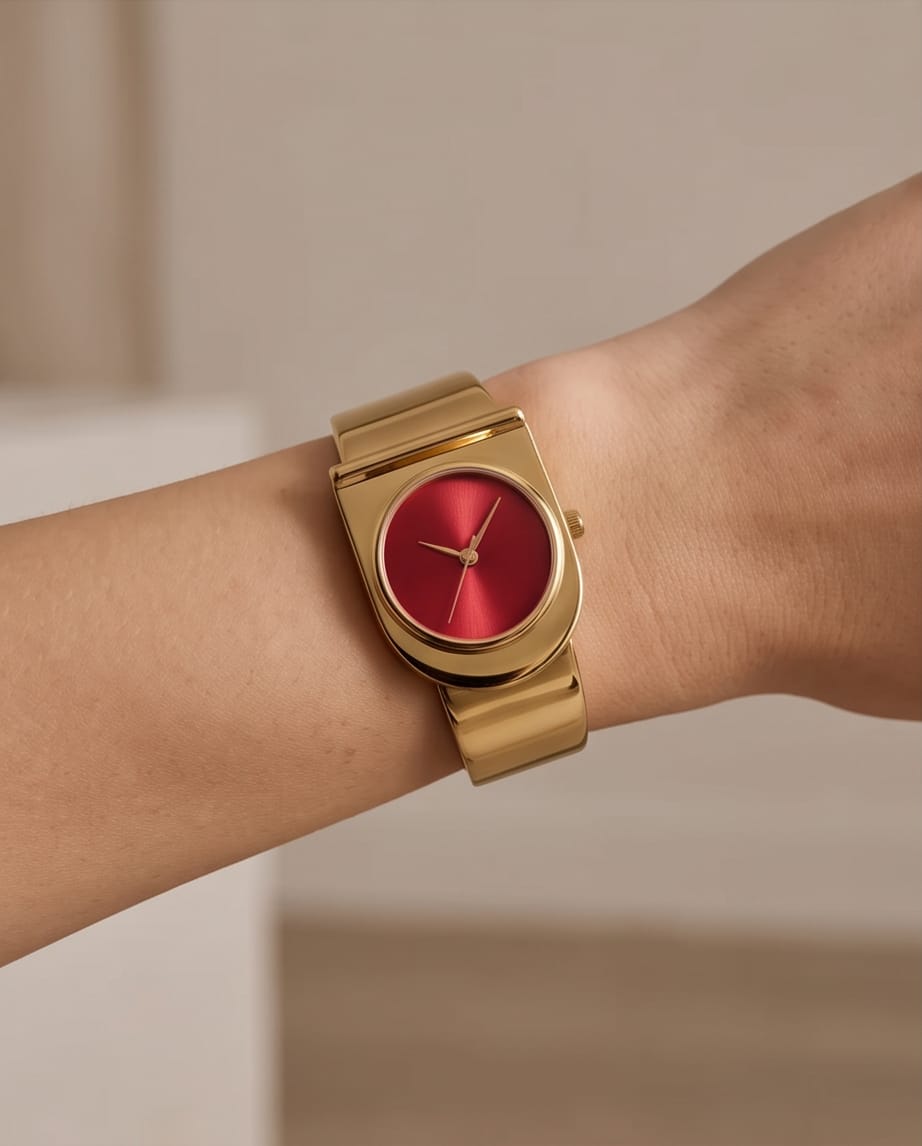 Oceania Hub Women Gold-Tone Cuff Bracelet Watch with Red Dial