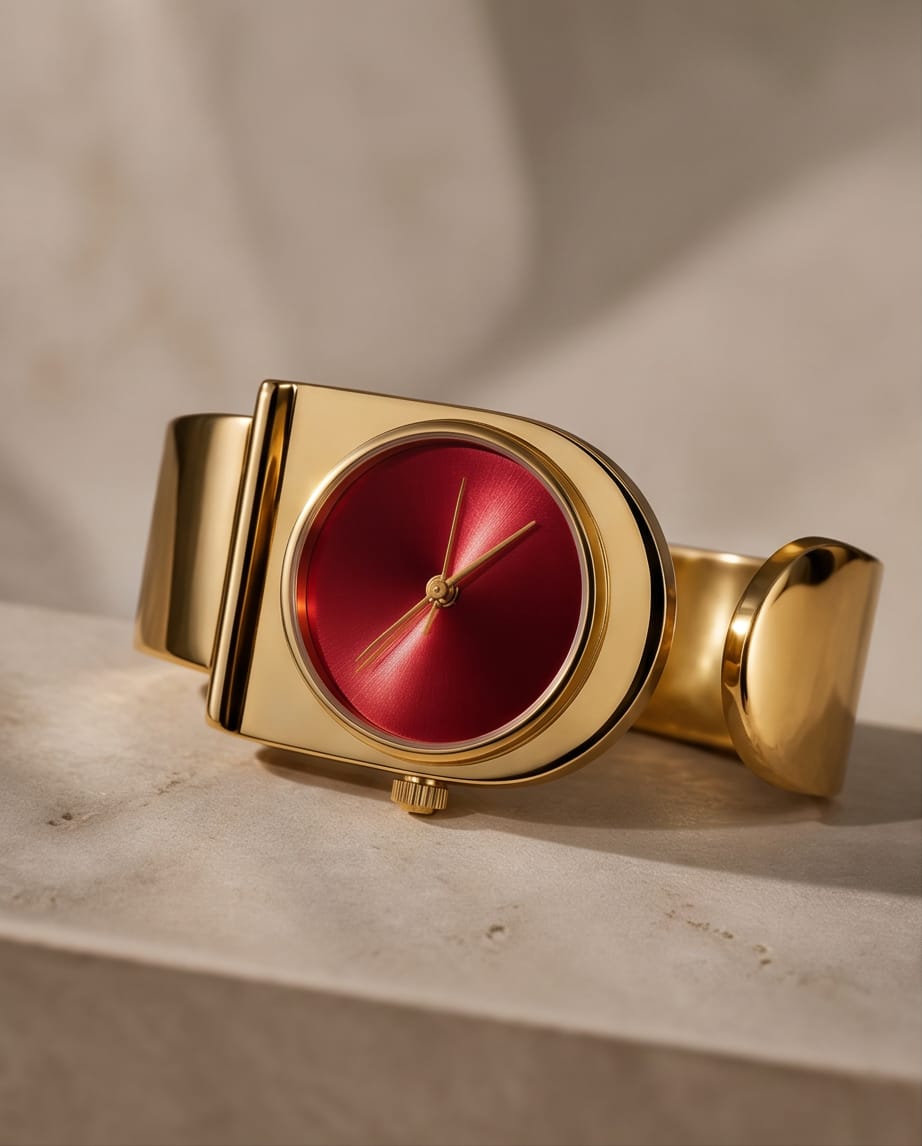Oceania Hub Women Gold-Tone Cuff Bracelet Watch with Red Dial