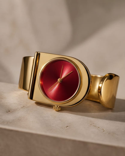 Oceania Hub Women Gold-Tone Cuff Bracelet Watch with Red Dial