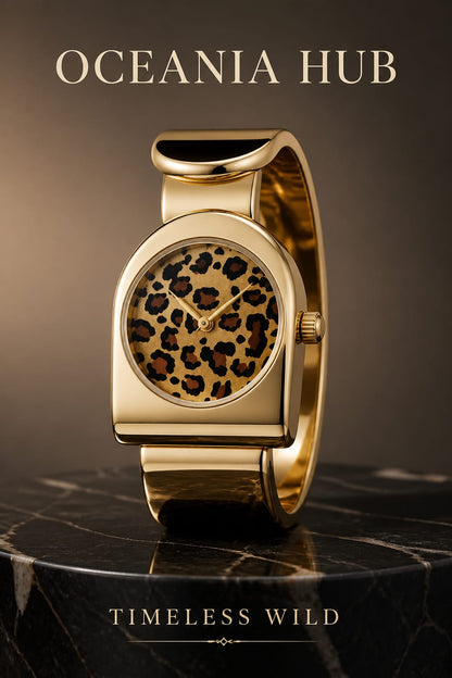 Oceania Hub Women Gold-Tone Bracelet Watch with Leopard Print Dial