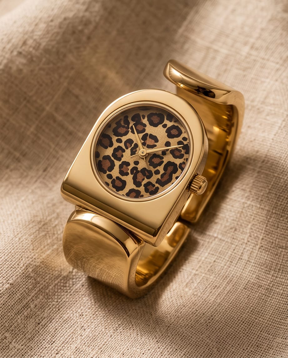 Oceania Hub Women Gold-Tone Bracelet Watch with Leopard Print Dial