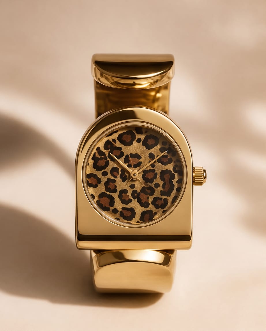 Oceania Hub Women Gold-Tone Bracelet Watch with Leopard Print Dial