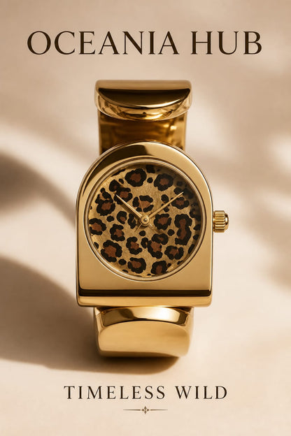 Oceania Hub Women Gold-Tone Bracelet Watch with Leopard Print Dial