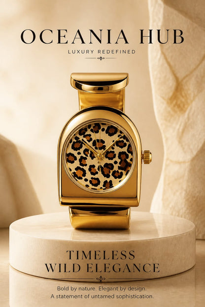 Oceania Hub Women Gold-Tone Bracelet Watch with Leopard Print Dial