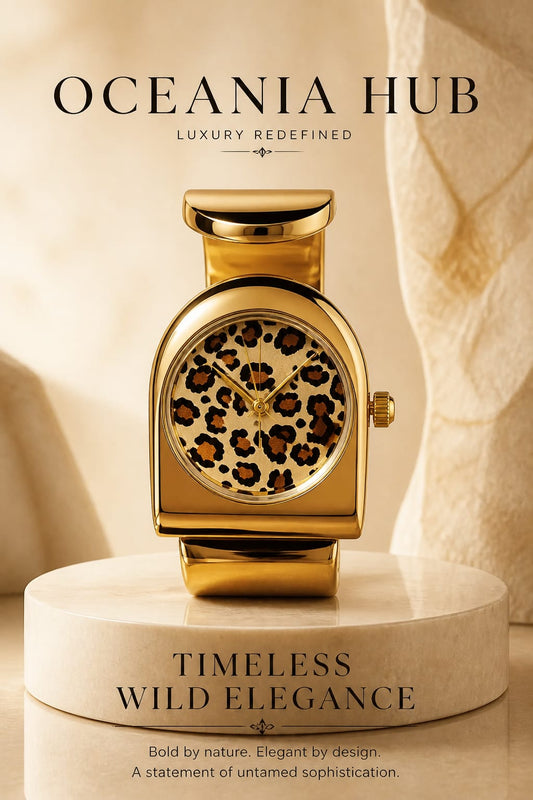 Oceania Hub Women Gold-Tone Bracelet Watch with Leopard Print Dial